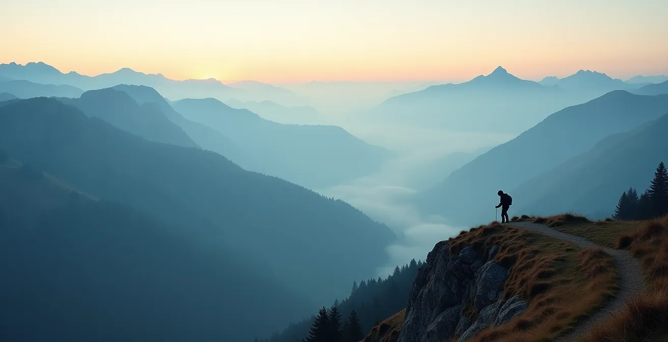 Vallée pyrénéenne avec brume matinale et randonneur sur sentier de crête