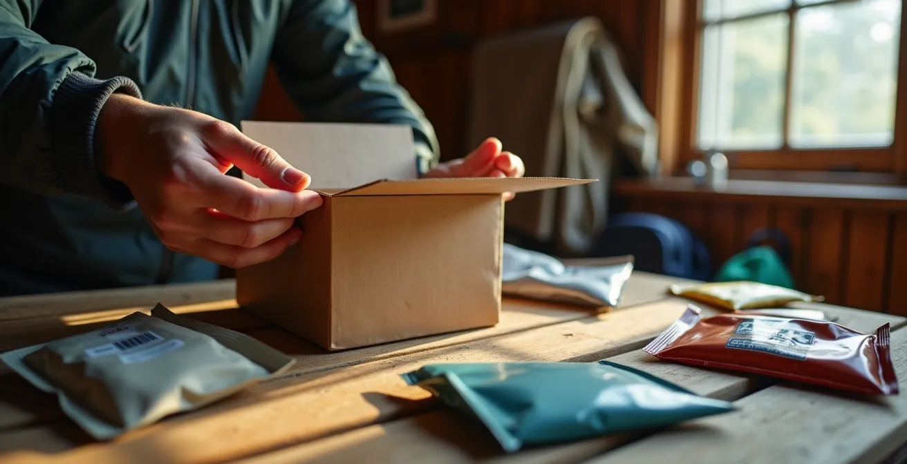 Randonneur souriant ouvrant un colis de ravitaillement devant un refuge de montagne, avec des provisions étalées