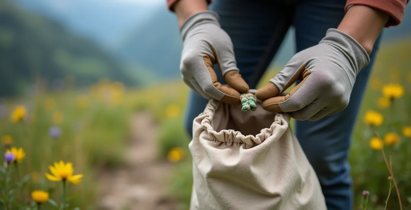 Randonneur ramassant des déchets sur un sentier de montagne avec vue panoramique