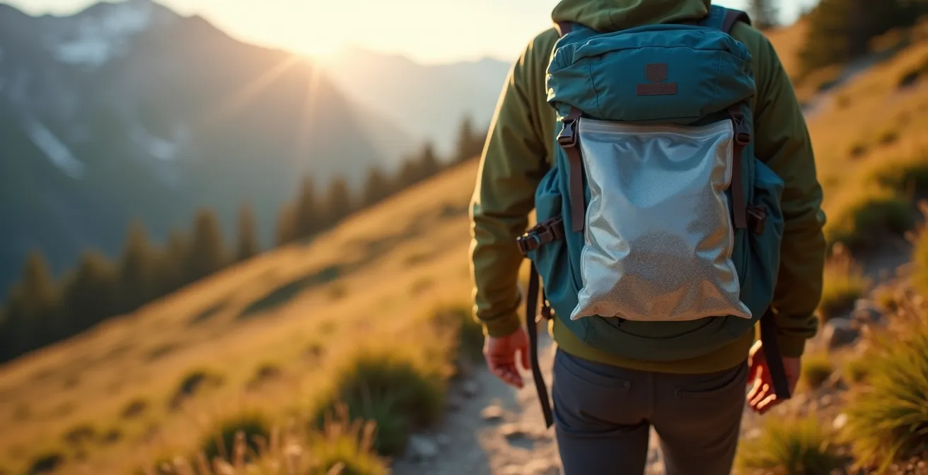 Randonneur redescendant d'un refuge avec son sac à dos et un petit sac poubelle attaché à l'extérieur