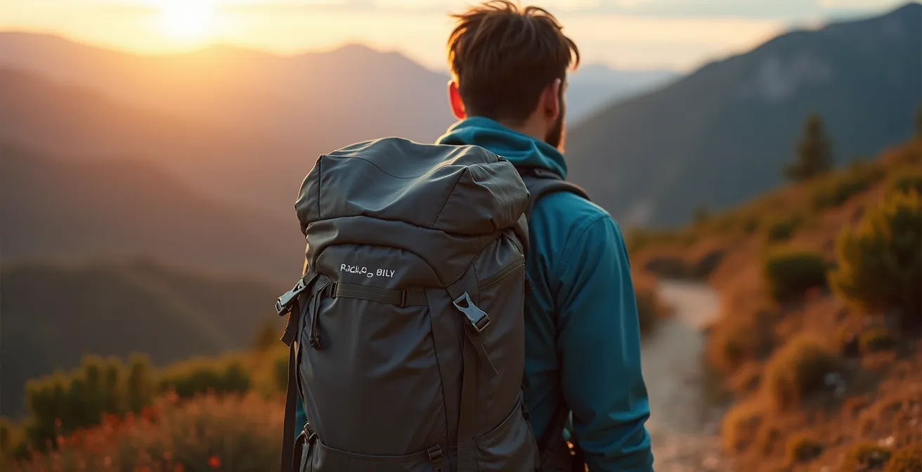 Randonneur de dos montrant les zones d'usure aux épaules causées par les bretelles du sac