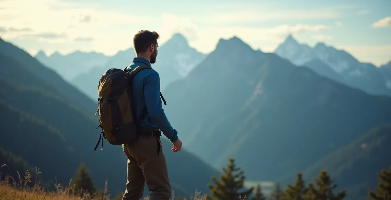 Vue large d'un randonneur accédant à ses poches de ceinture sans retirer son sac sur un sentier de montagne