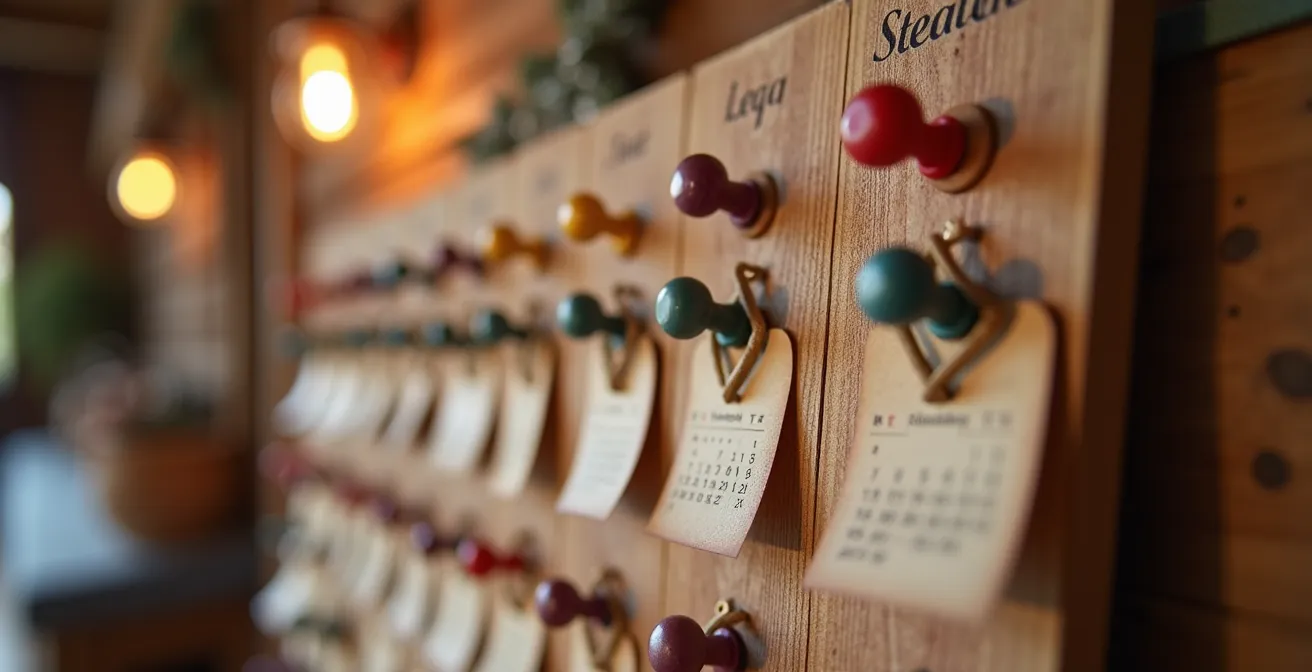 Vue macro sur un calendrier traditionnel en bois avec marques colorées indiquant les dates de fêtes alpines