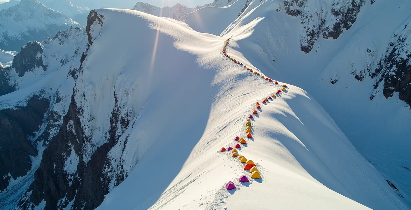 Vue aérienne minimaliste des camps d'altitude de l'Aconcagua reliés par des traces dans la neige