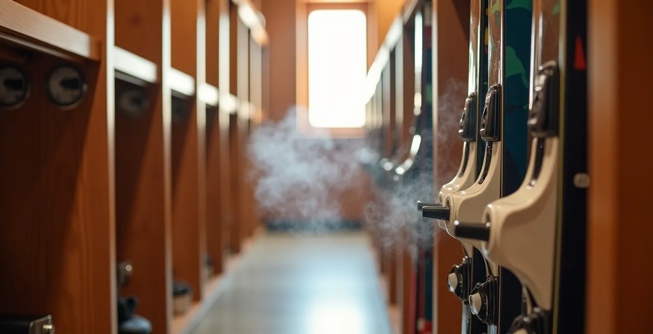 Ski room luxueux avec équipements parfaitement organisés dans un chalet haut de gamme