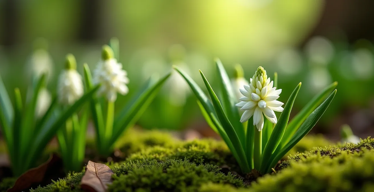 Tapis dense d'ail des ours en fleur dans un sous-bois ombragé