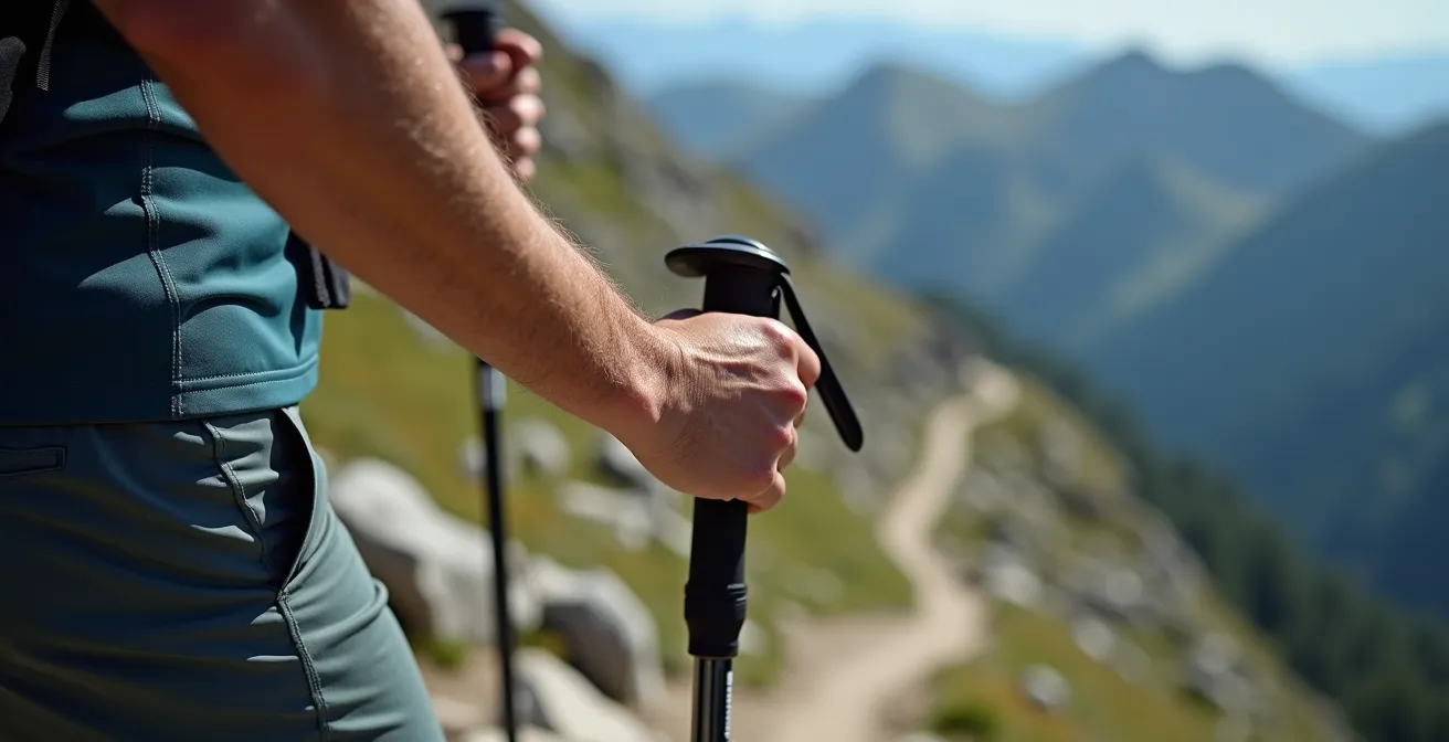 Randonneur utilisant la technique de propulsion avec bâtons en montée raide sur sentier de montagne