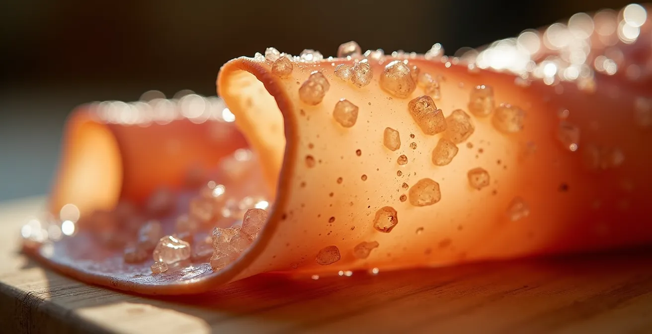 Gros plan macro sur une tranche de jambon sec AOP montrant les cristaux de tyrosine et la texture du gras persillé
