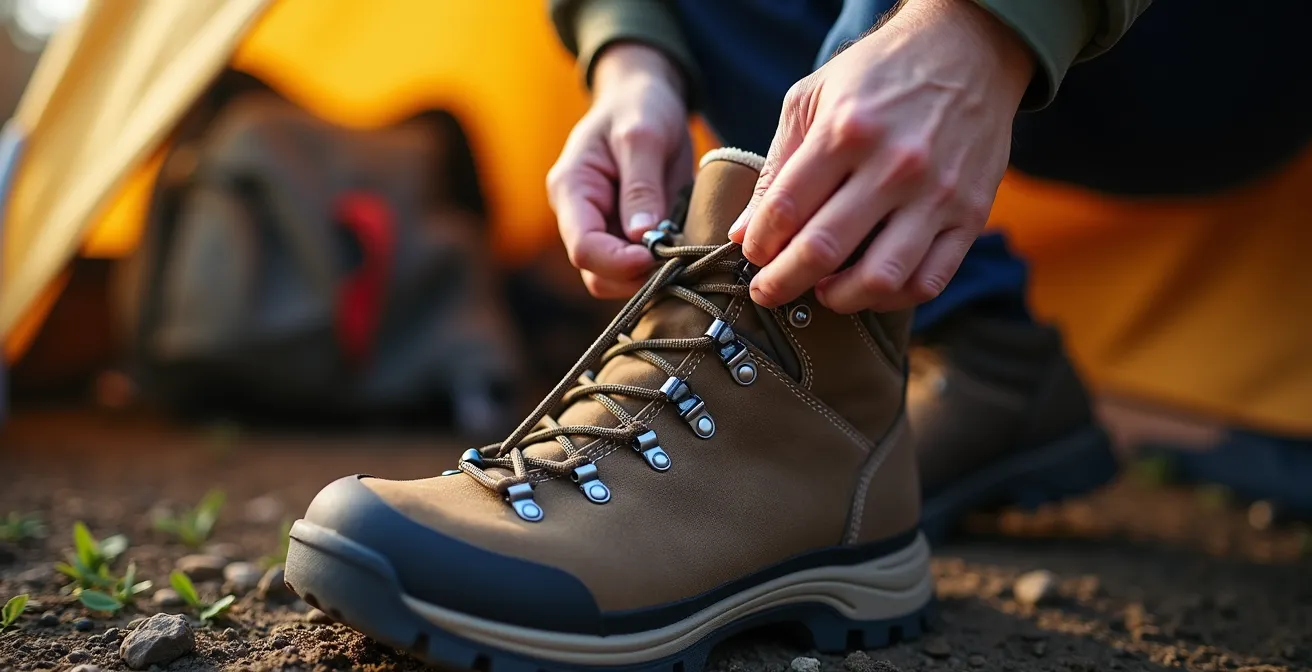 Détail du système de laçage verrou de talon sur une chaussure de randonnée