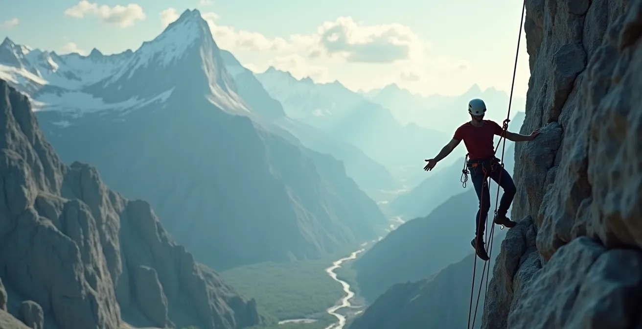 Ferratiste utilisant sa longe courte pour se reposer sur un barreau en surplomb