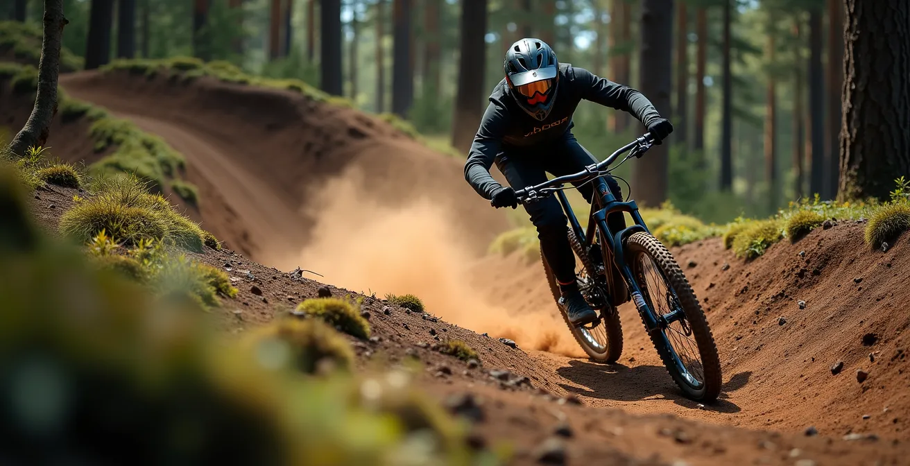 Vététiste en compression active dans un virage relevé, montrant la technique de pompage