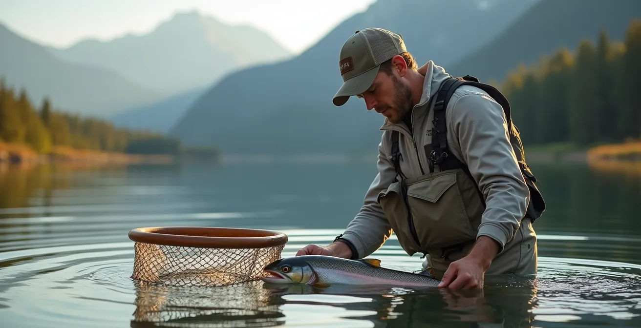 Pêcheur pratiquant le catch and release au bord d'un lac de montagne avec matériel adapté