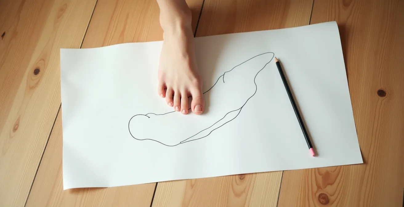 Vue du dessus d'un pied posé sur une feuille avec tracé du contour et mesures