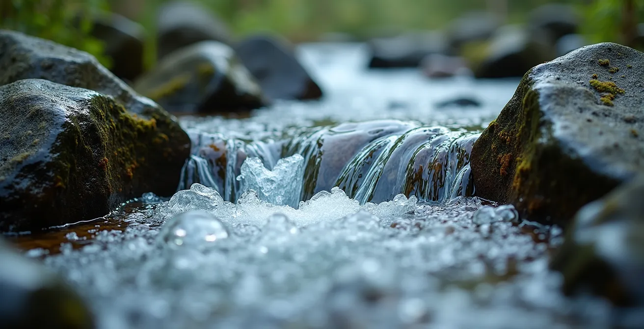 Torrent de montagne avec eau cristalline coulant entre les rochers, suggérant un danger invisible.