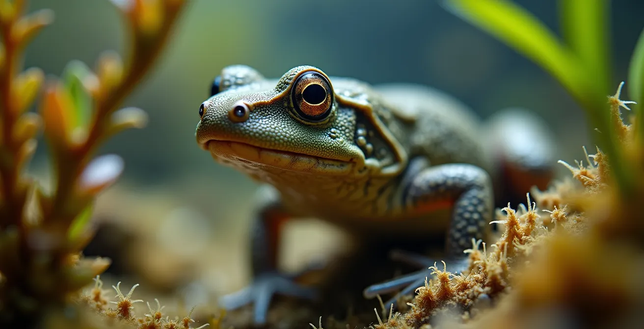 Triton alpestre dans son habitat naturel sous-marin avec végétation aquatique de lac d'altitude