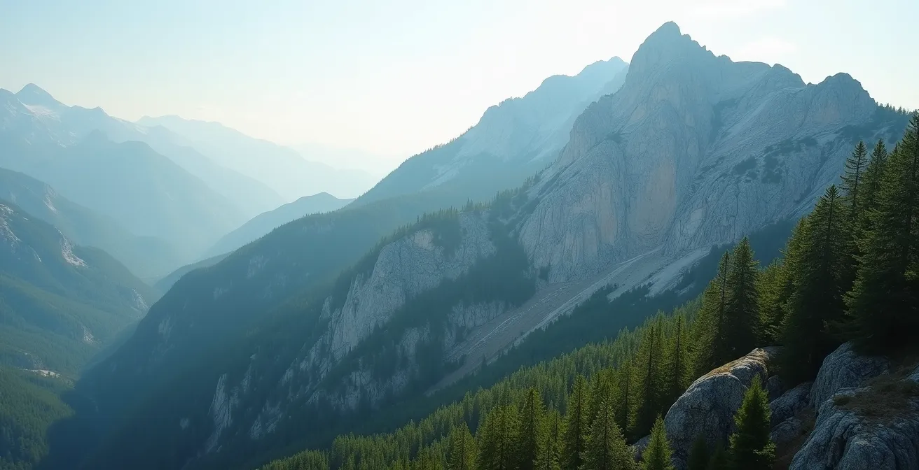 Vue large d'un versant montagneux présentant différentes zones géologiques et végétales visibles