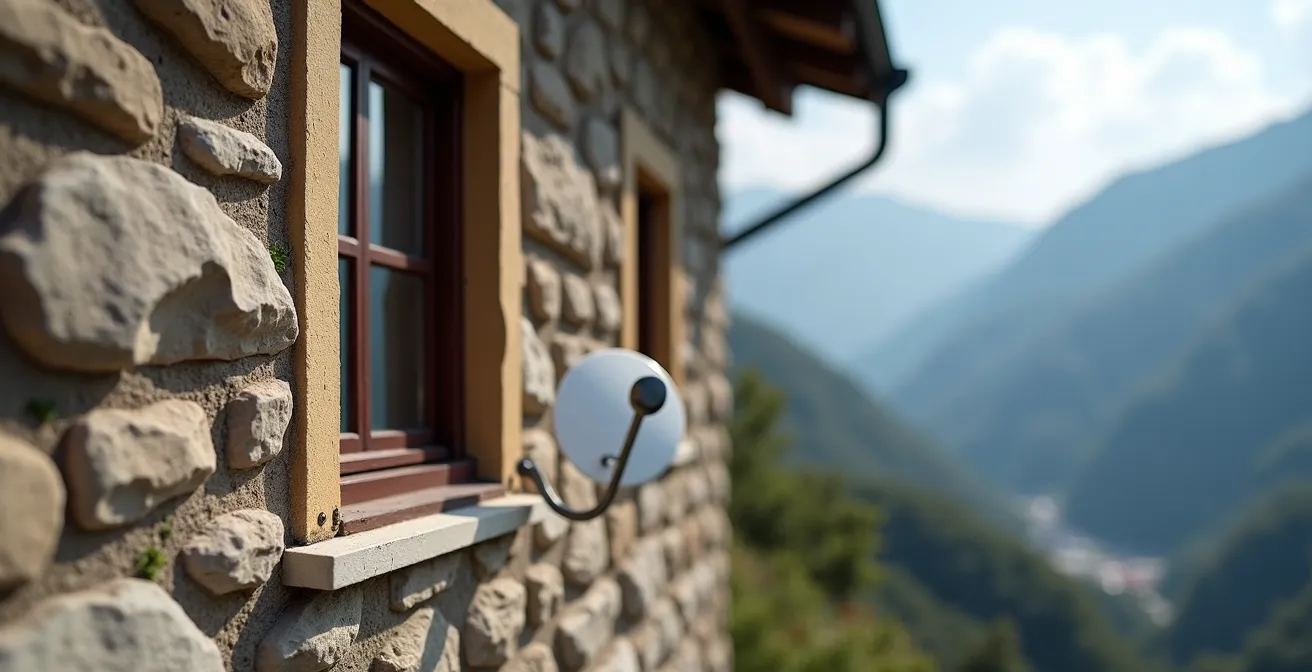 Façade de village montagnard mêlant architecture traditionnelle et éléments modernes intégrés
