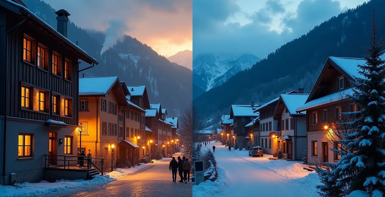 Contraste entre village authentique animé et station déserte avec volets fermés