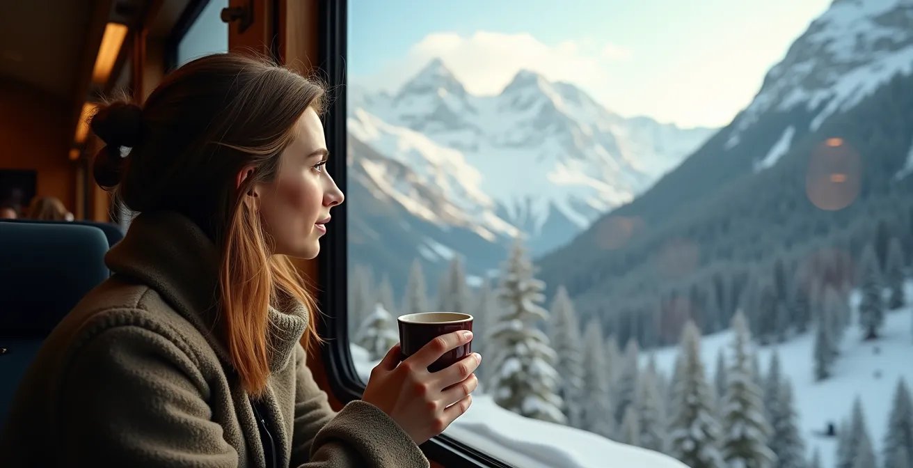 Passager regardant le paysage montagnard enneigé depuis un train panoramique